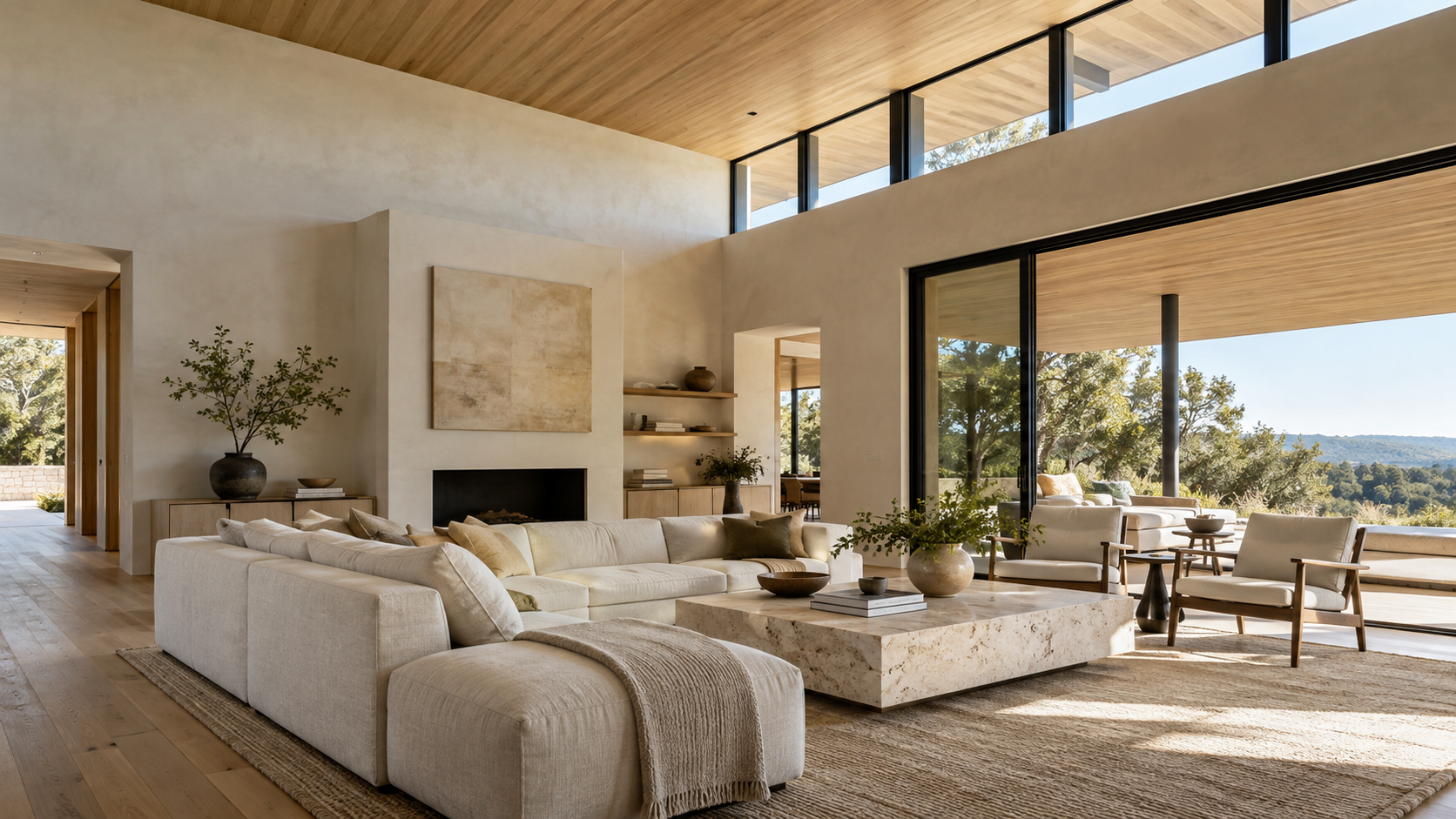 Living room lit by a high band of clerestory windows under a stepped roof