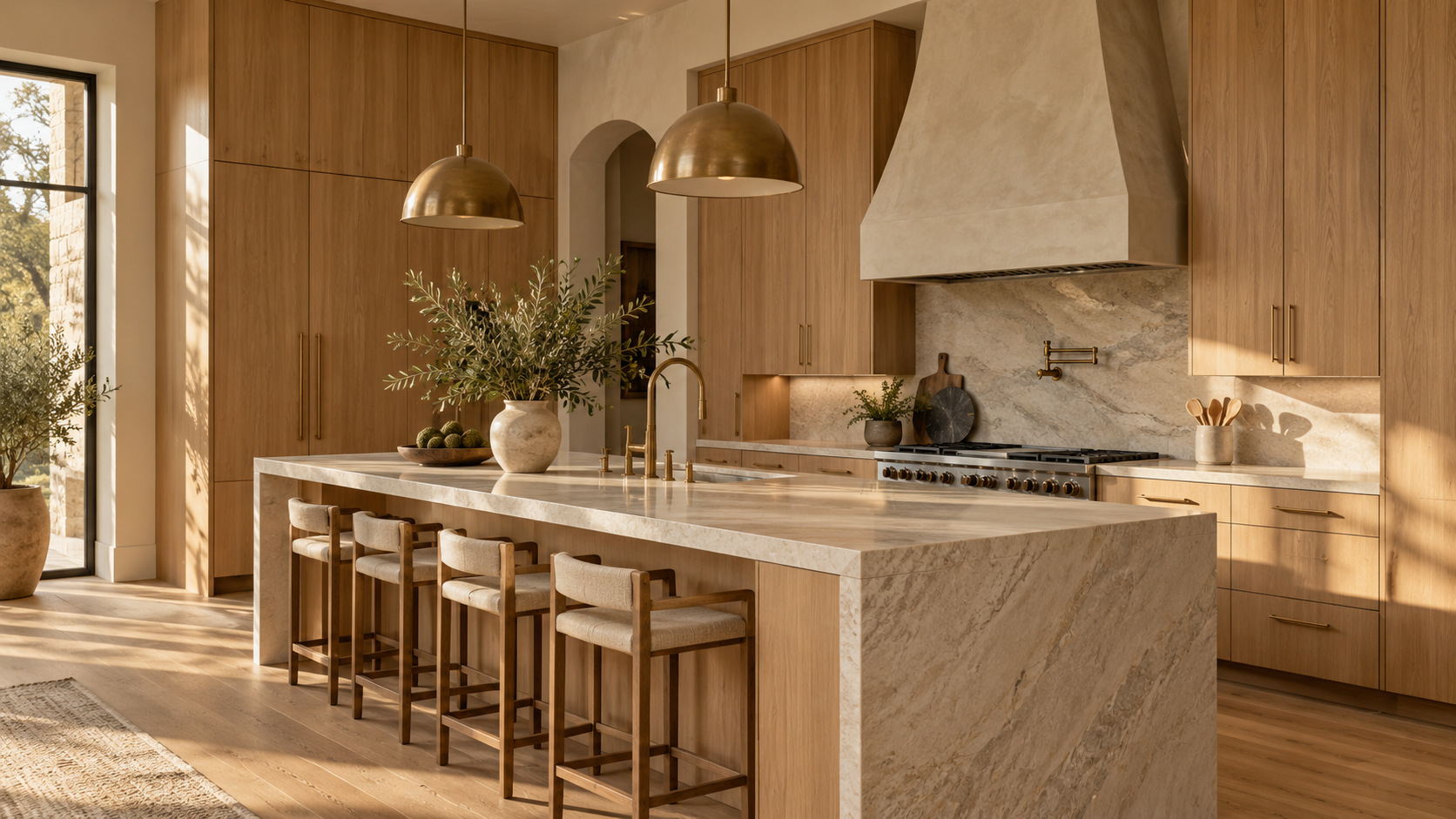 Warm modern kitchen with full-height rift-sawn white oak cabinets and a quartzite island