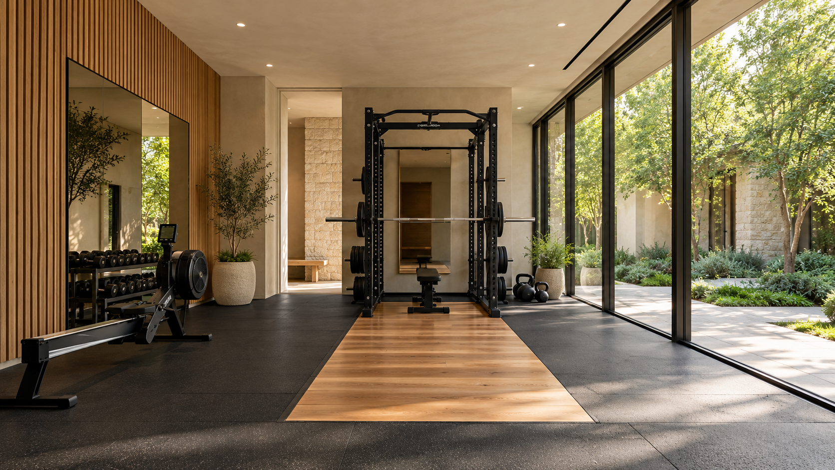 Ground-floor home gym with oak slat wall, rubber floor, and glass wall onto a garden courtyard
