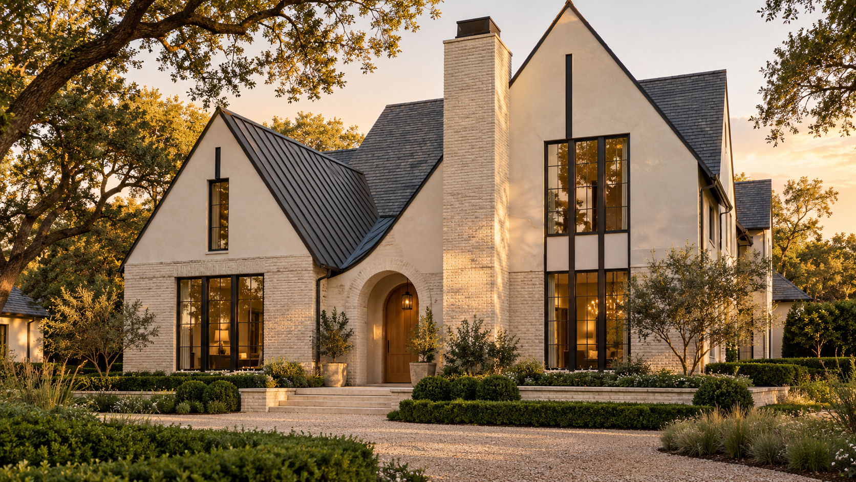 Modern Tudor custom home with steep overlapping gables, limewashed brick, and tall grouped steel windows