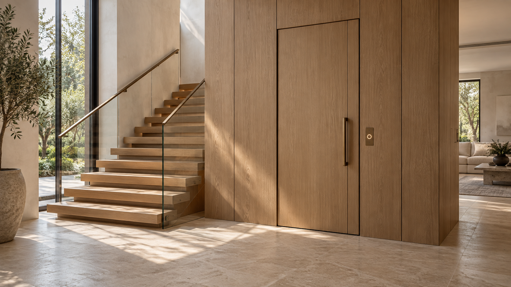 Residential elevator door hidden in white oak paneling beside a floating staircase