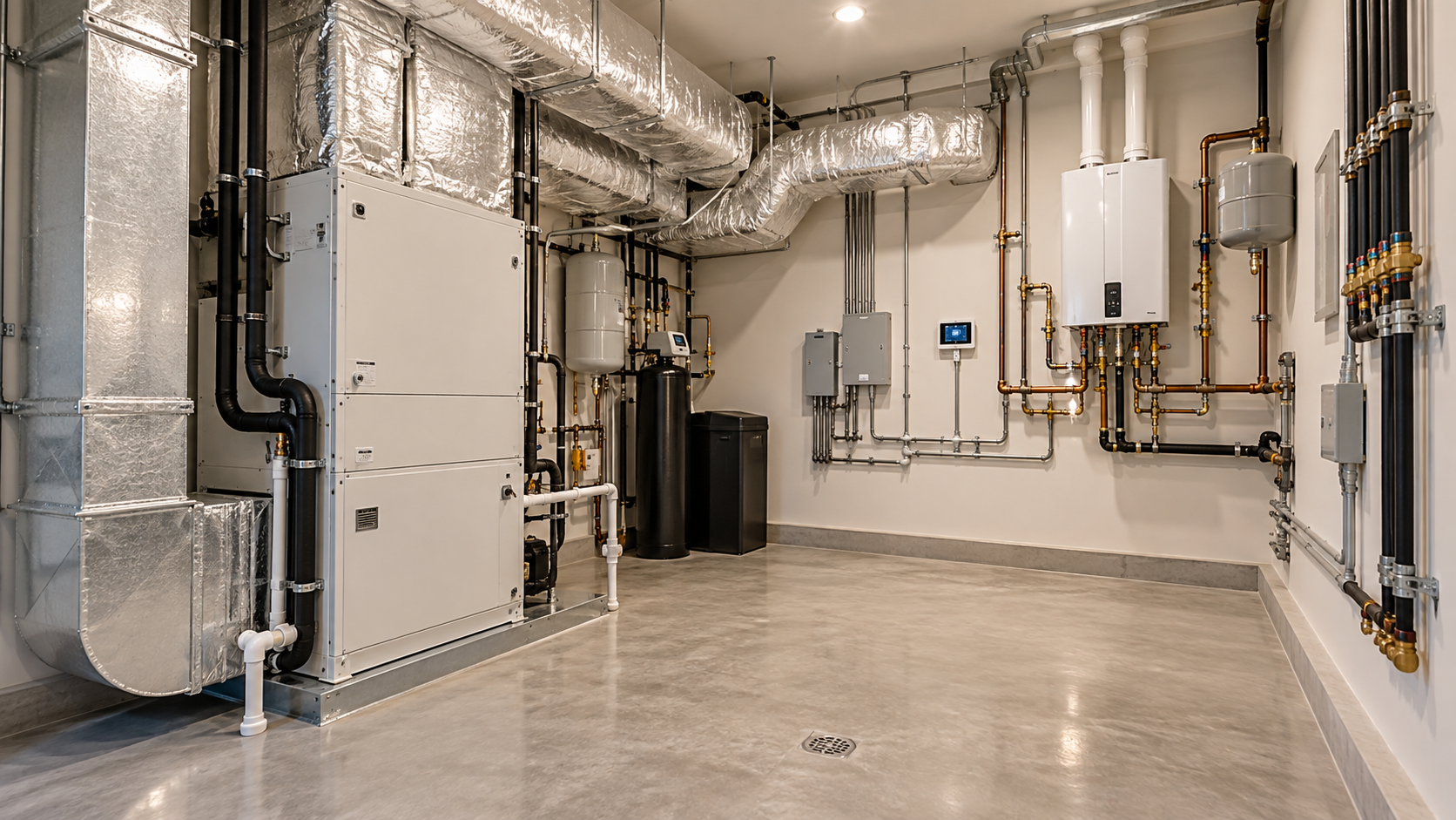 Organized mechanical room with air handler and duct trunk lines in a custom home