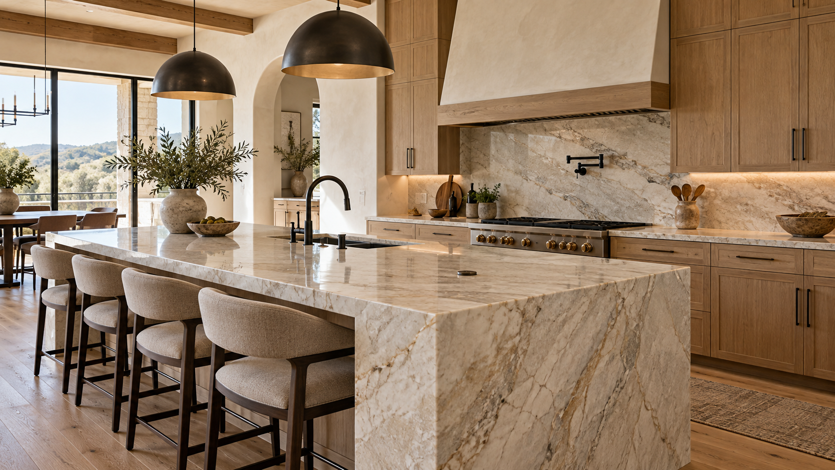 Luxury kitchen with discreet integrated outlets along the backsplash and island
