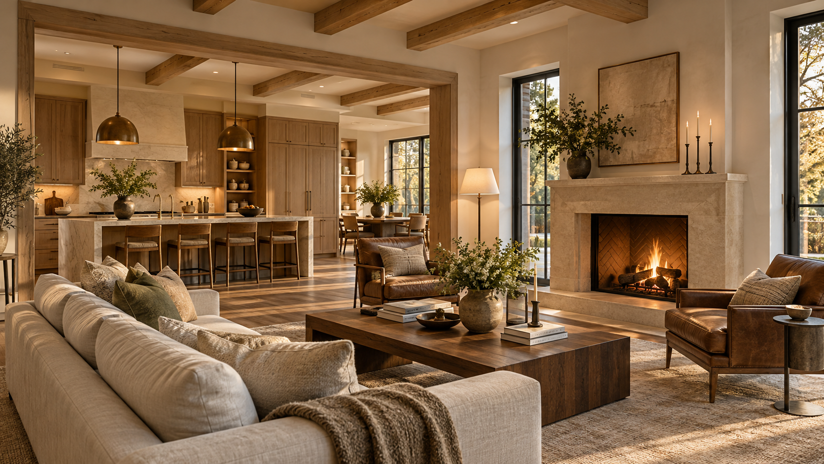 Keeping room with limestone fireplace open to a warm oak kitchen