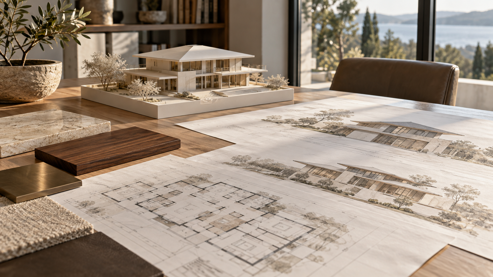 Custom home floor plans, massing model and material samples on a studio table