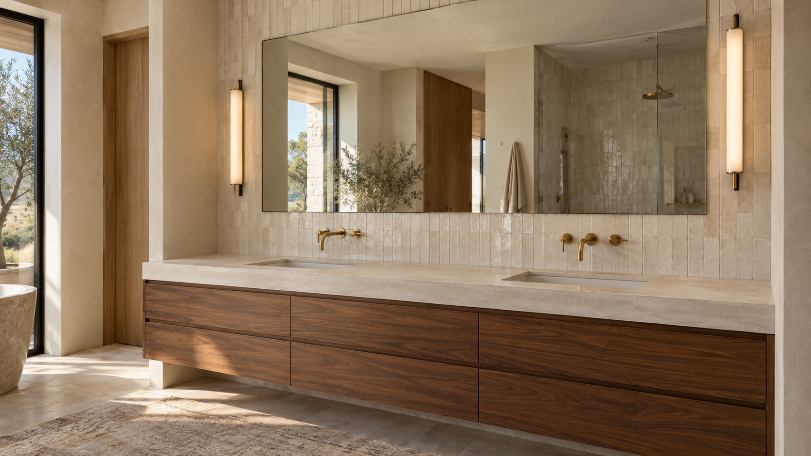 Floating walnut vanity with wall-mounted brass faucets and side sconces