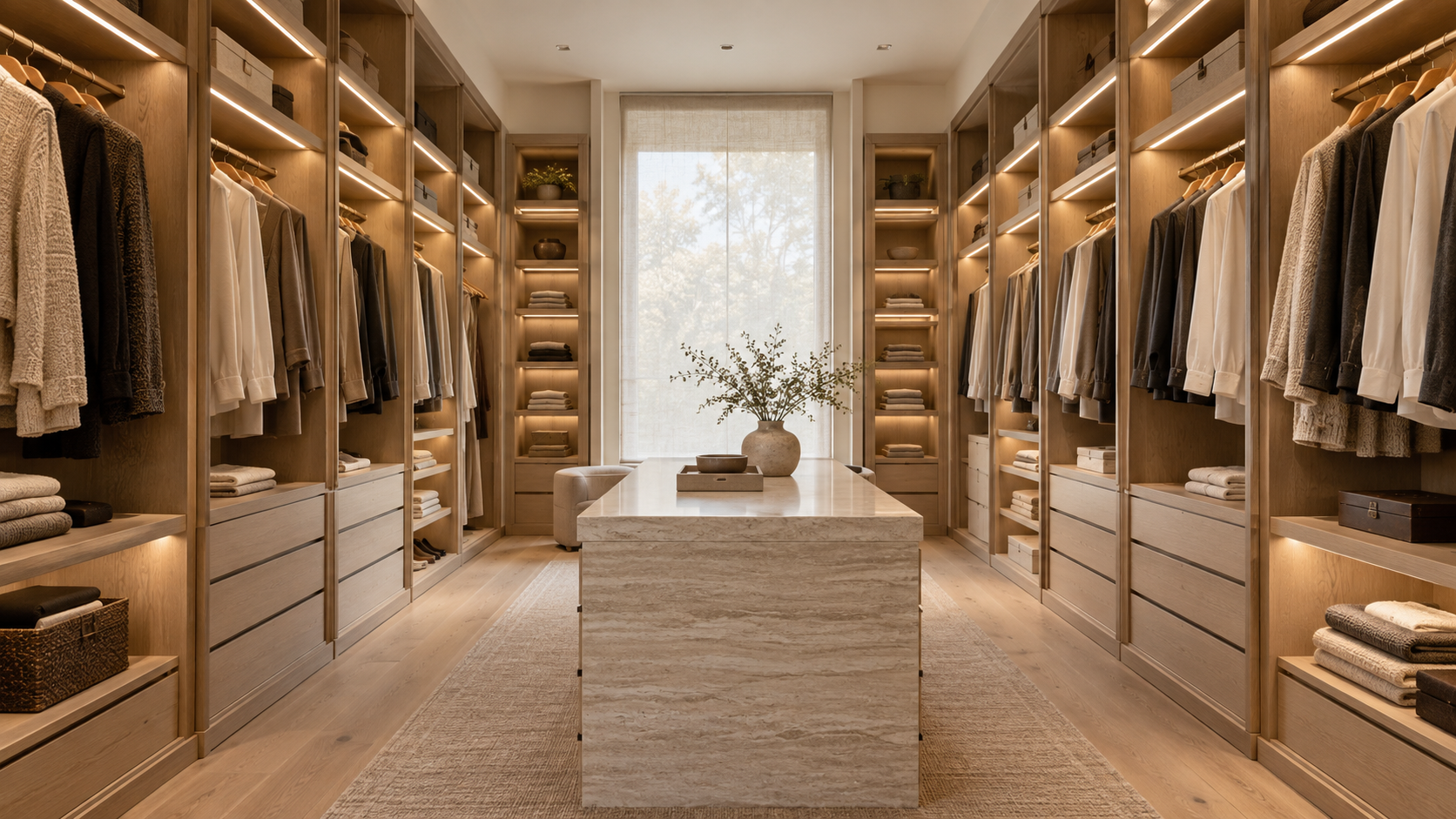 Long walk-in closet with oak cabinetry on both sides and a travertine-topped island down the center