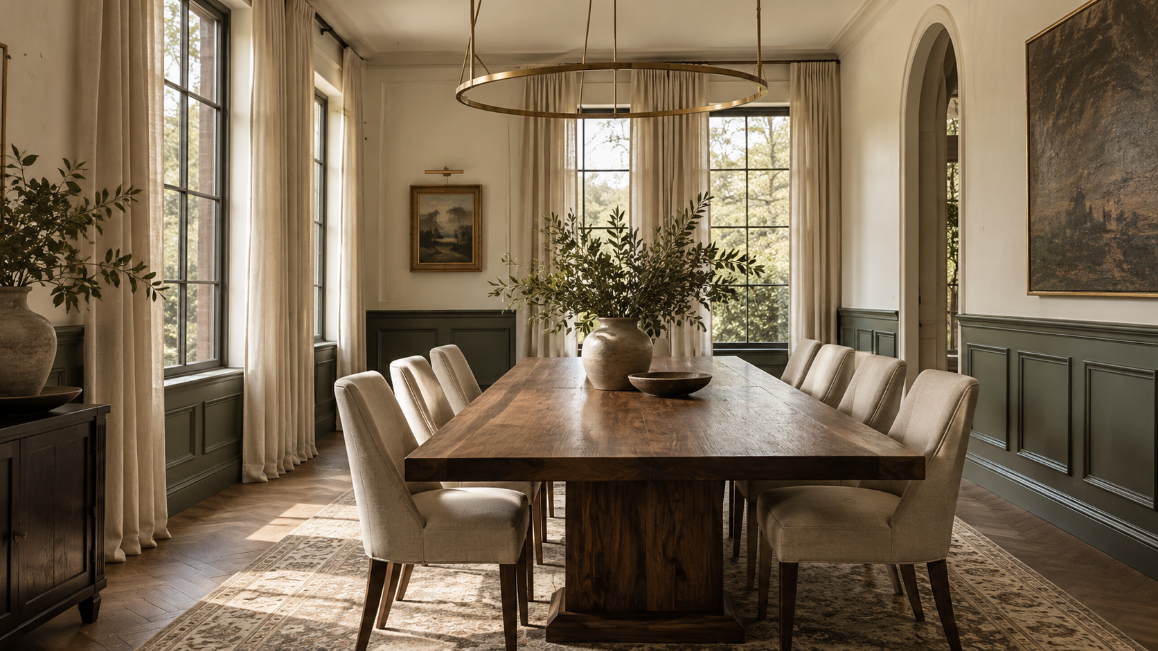 Dining room with sage green raised-panel wainscoting aligned to the window sills