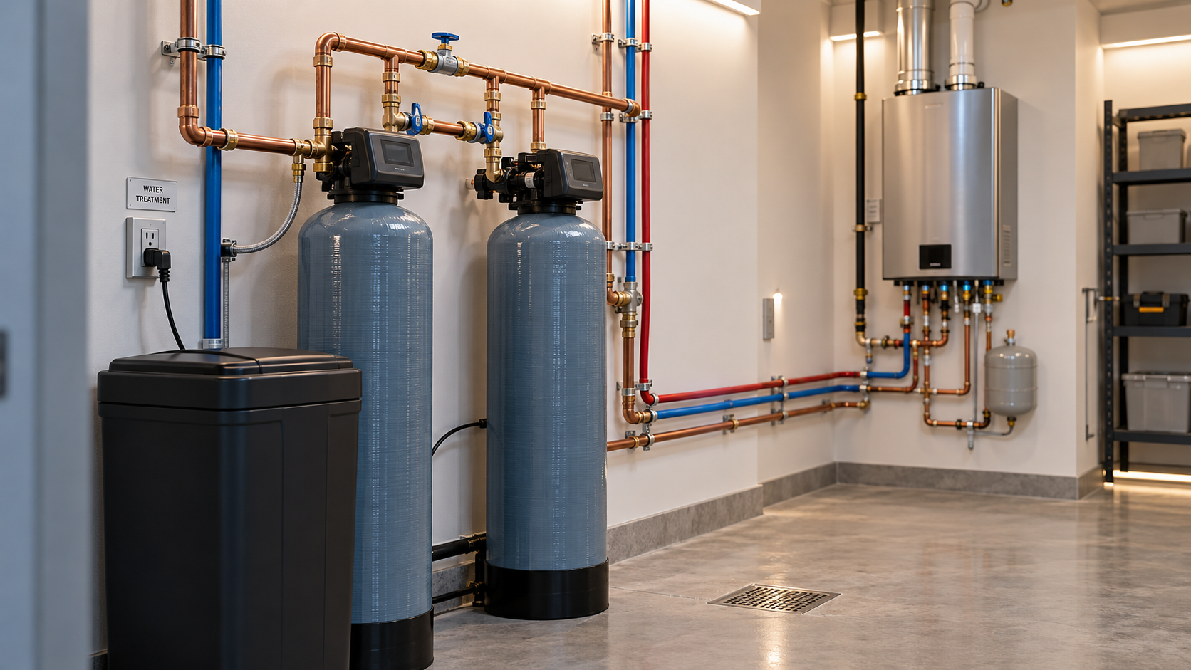 Whole-house water filter and softener tanks with a bypass loop in a custom home mechanical room