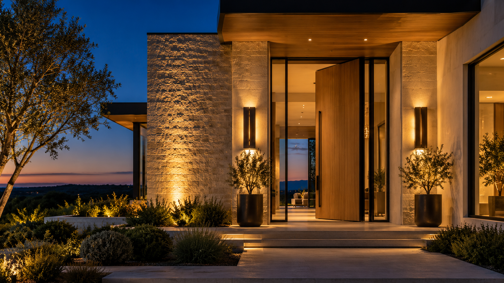 Custom home facade at dusk with warm uplights grazing a limestone wall and sconces at the front door