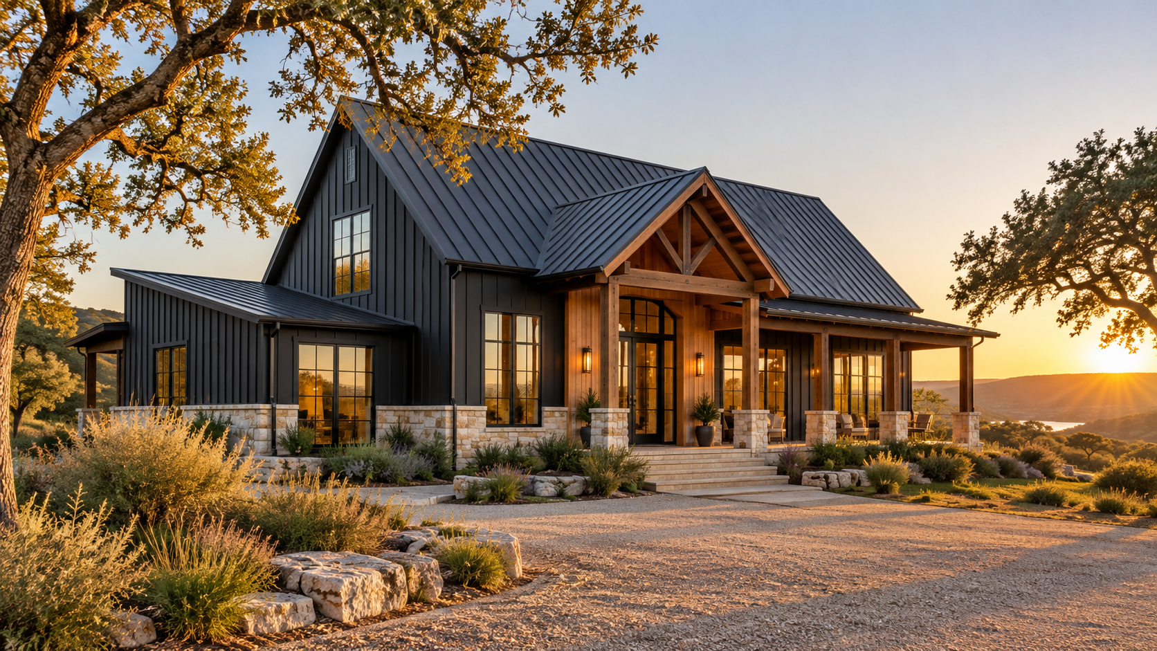 Modern luxury barndominium with steep metal roof, cedar entry, and limestone base in the Texas Hill Country