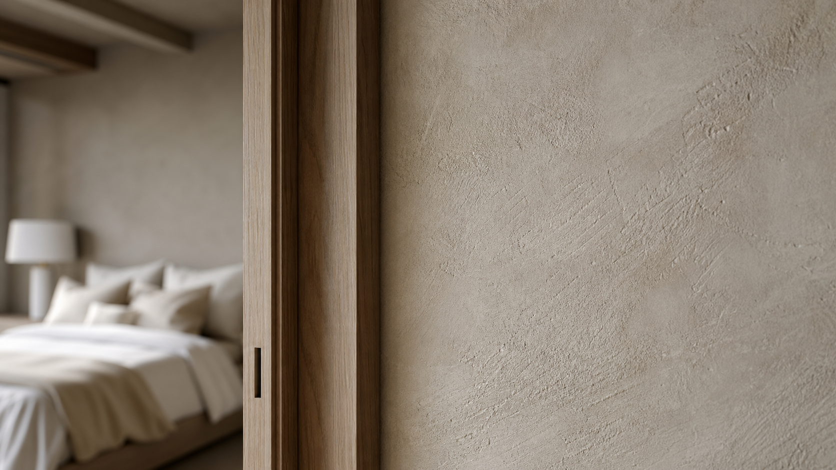 Textured lime plaster wall catching soft light beside a white oak door frame