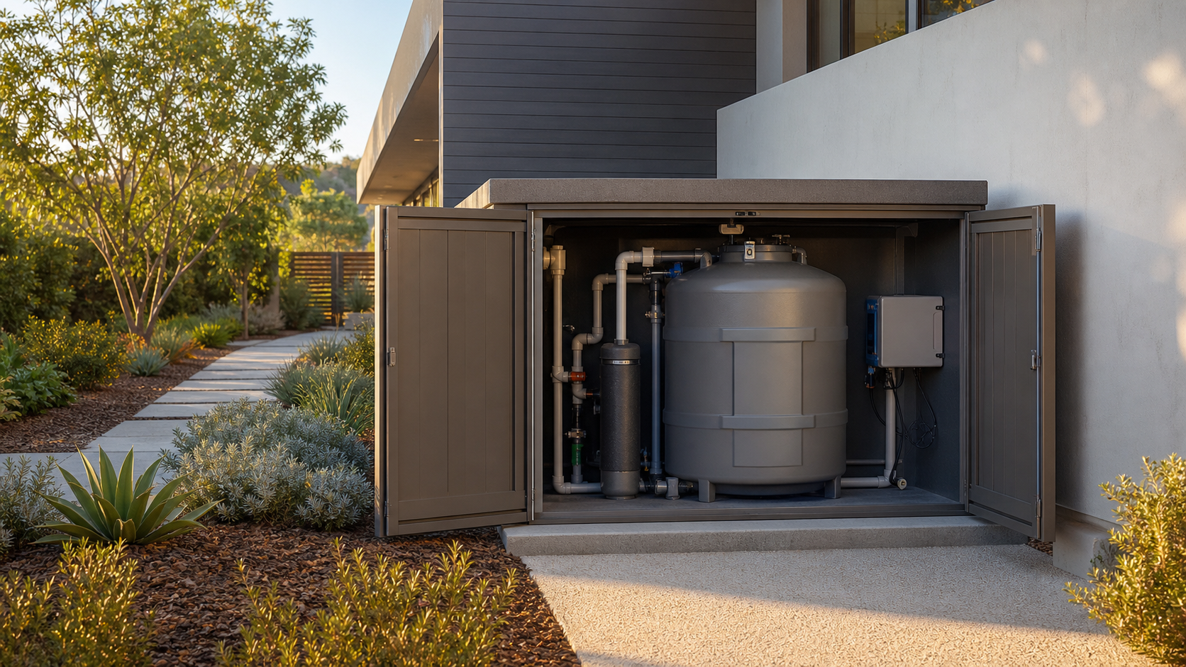 Discreet outdoor greywater filtration equipment enclosure beside a luxury home