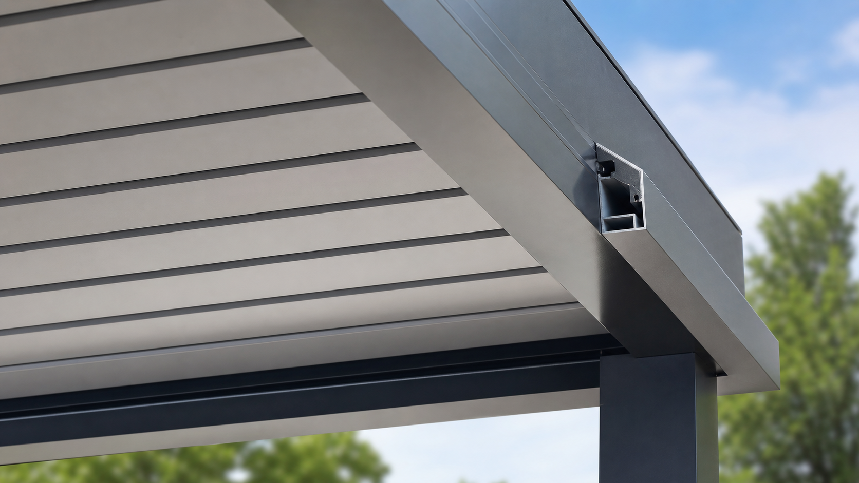 Detail view of closed bioclimatic pergola louvers with integrated gutter drainage