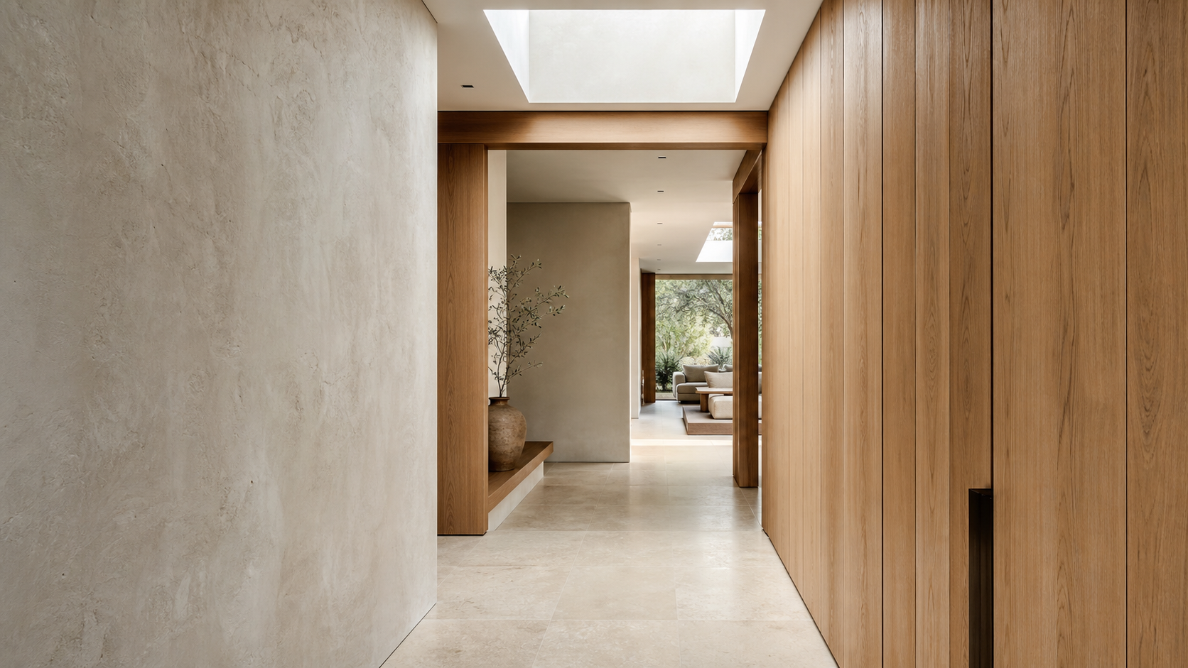 Hallway with honed limestone floor, white oak paneling, and limewash plaster walls