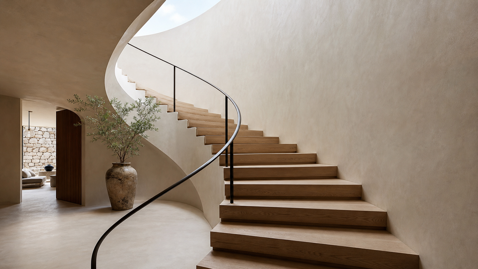 Sculptural curved staircase with continuous steel handrail