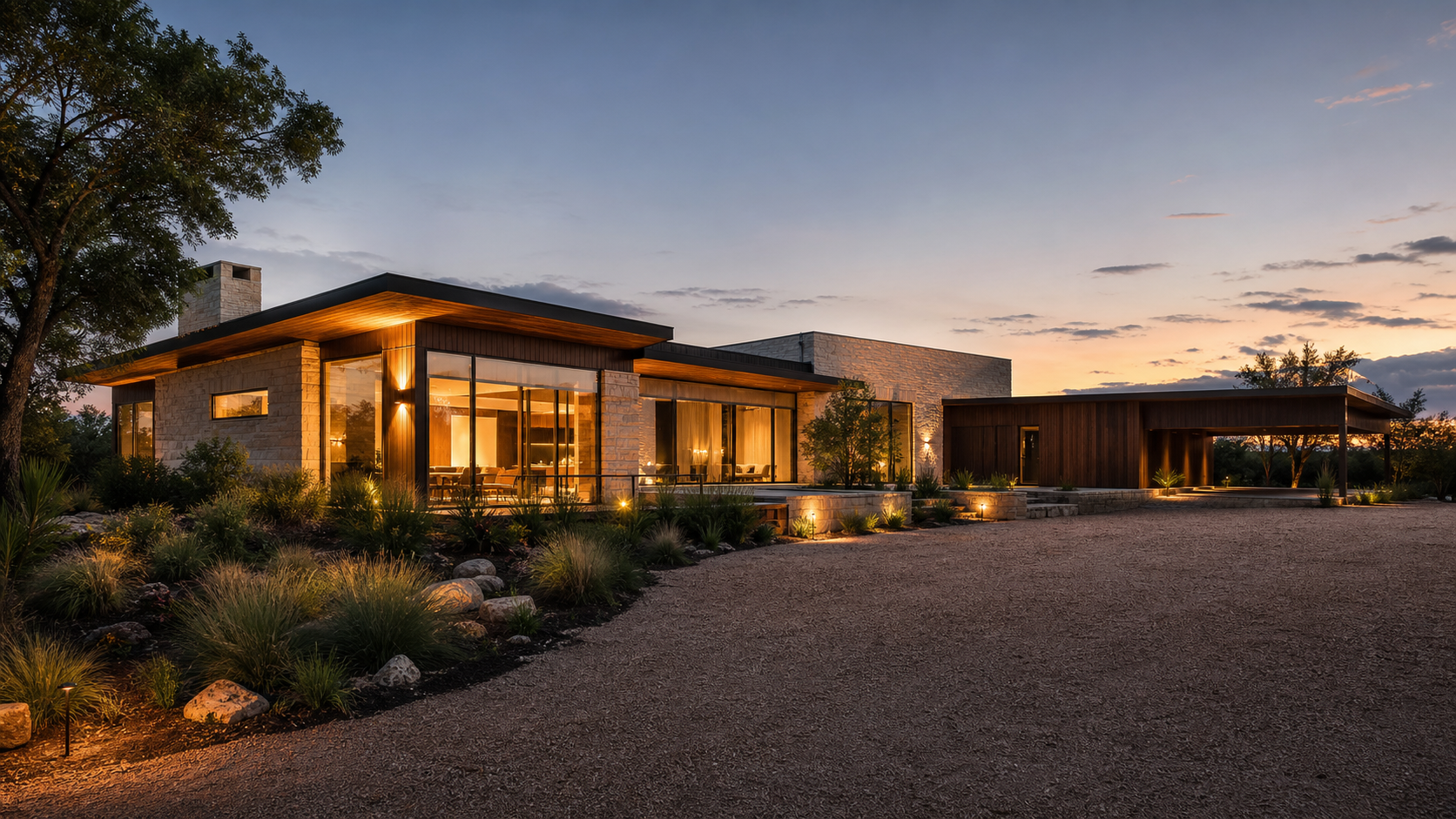 Modern Texas custom home at dusk with limestone, cedar and deep shading overhangs