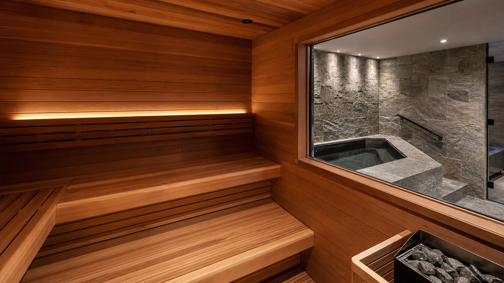 Cedar sauna interior adjoining a stone cold plunge room in a luxury home