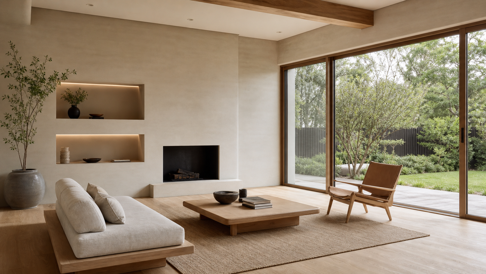 Japandi-inspired living room with low furniture and warm neutral tones