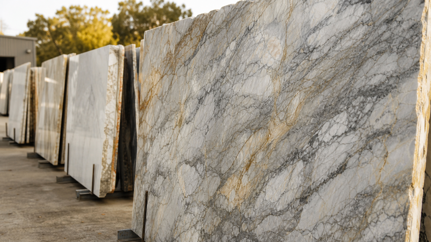 Quartzite stone slabs at a fabrication yard showing natural veining