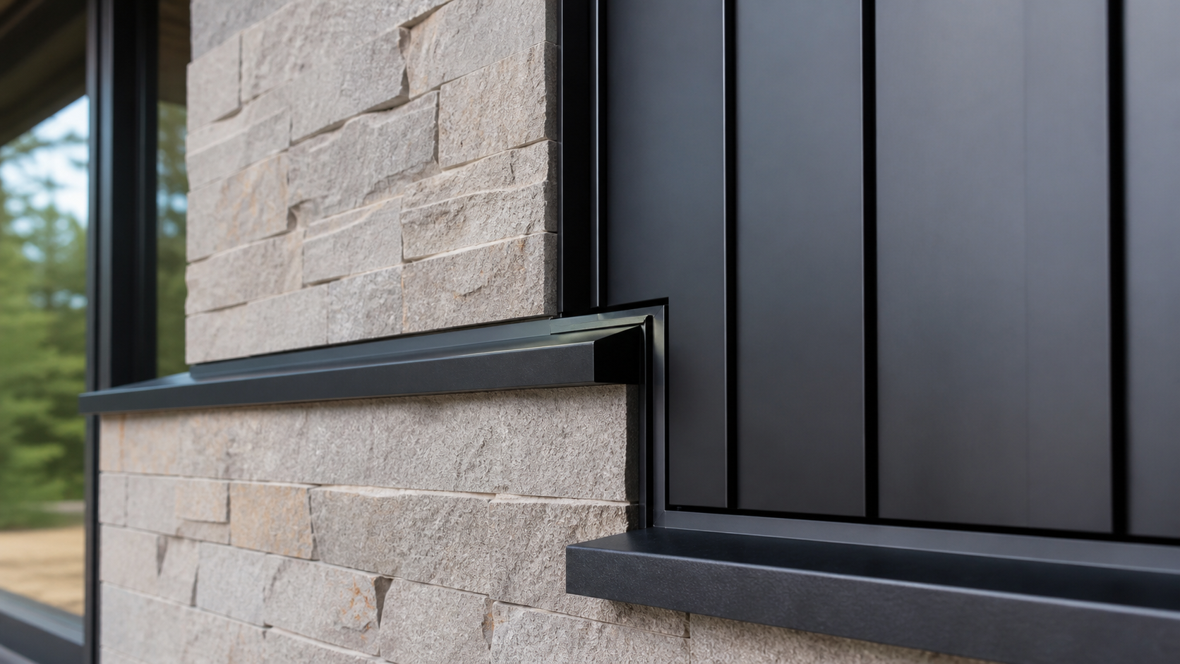 Detail shot of stone-to-metal facade transition with reveal joint