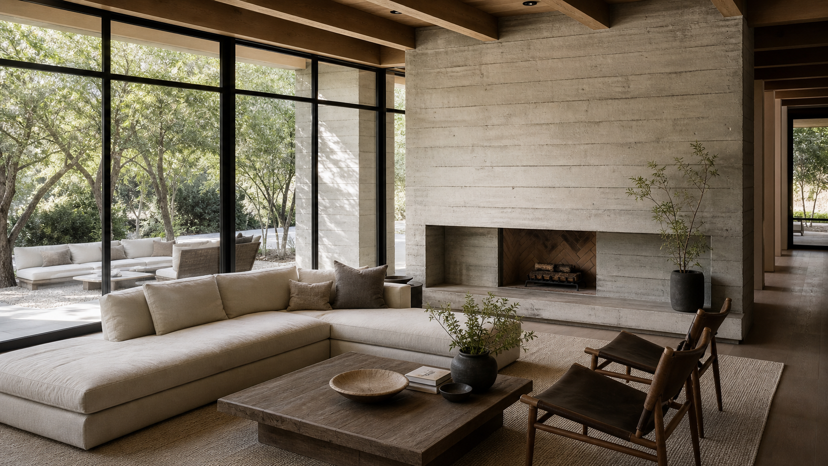 Living room with concrete fireplace wall and white oak ceiling
