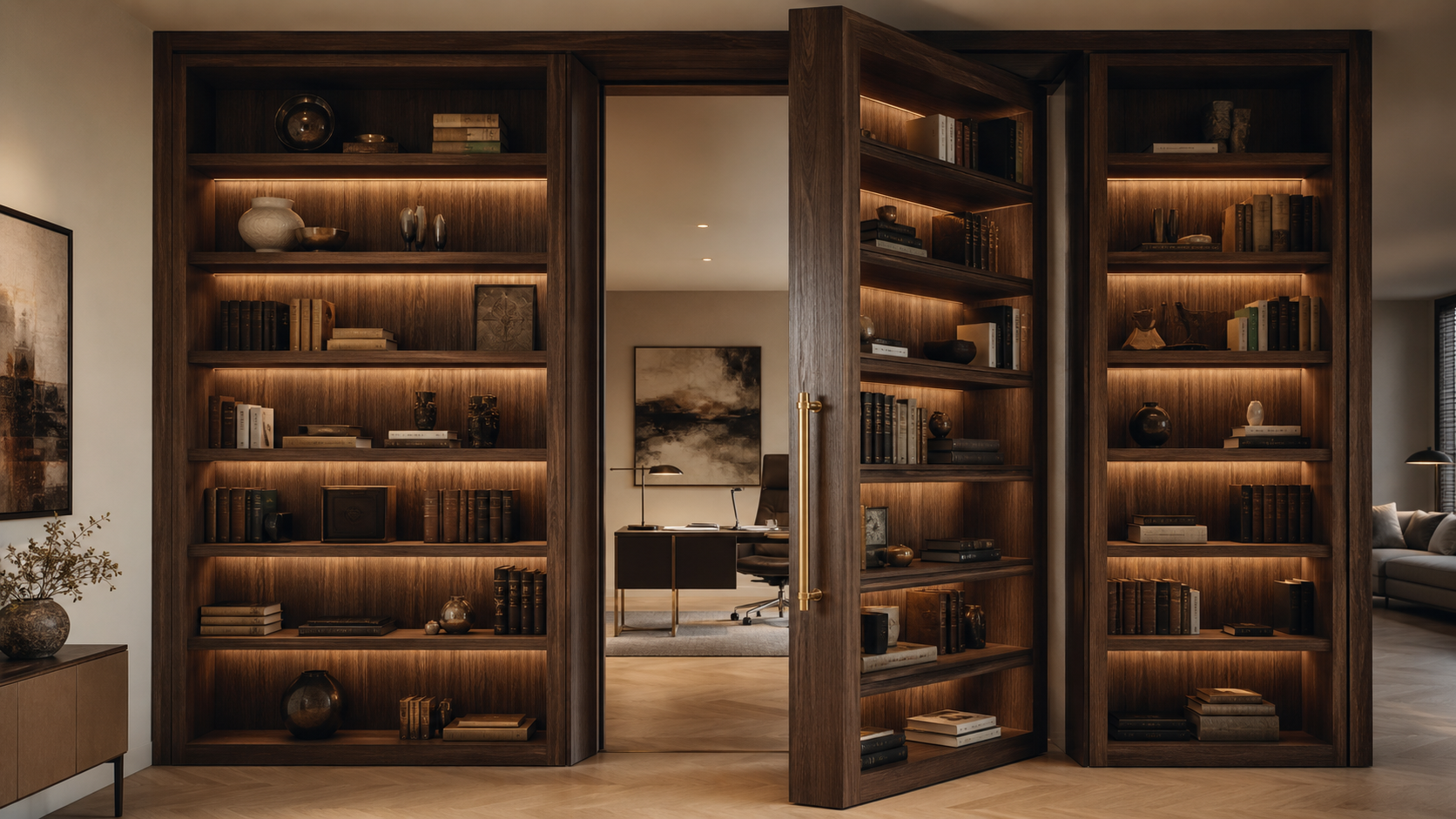 Walnut pivoting bookcase door revealing a hidden home office