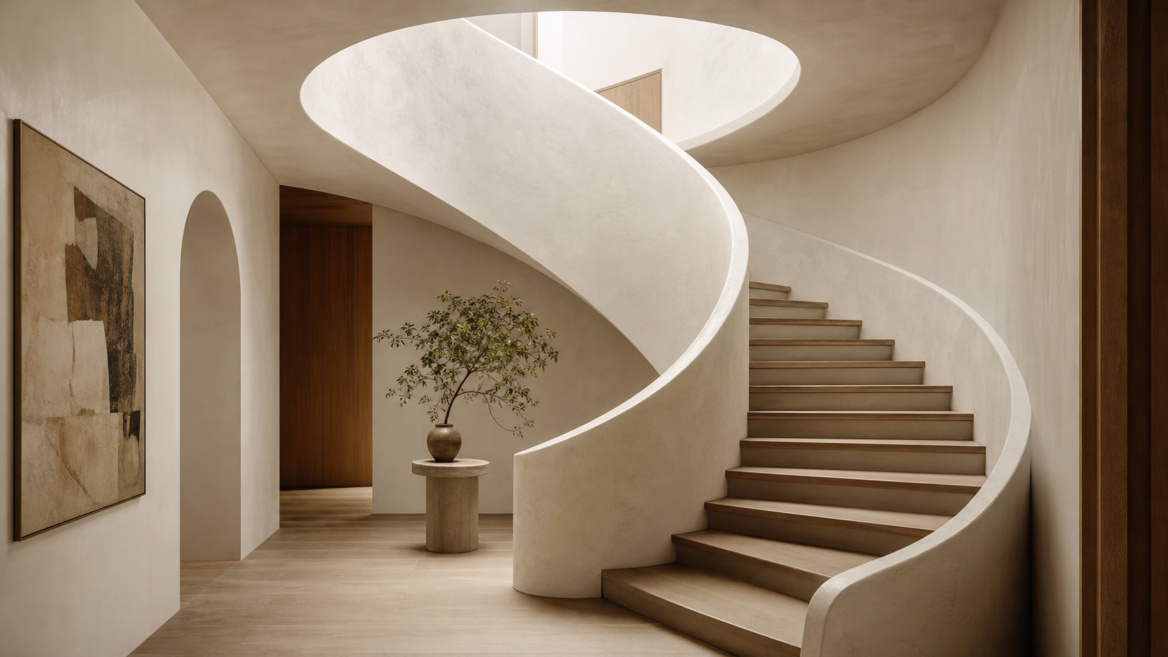 Curved plaster-clad spiral staircase with white oak treads in a luxury home