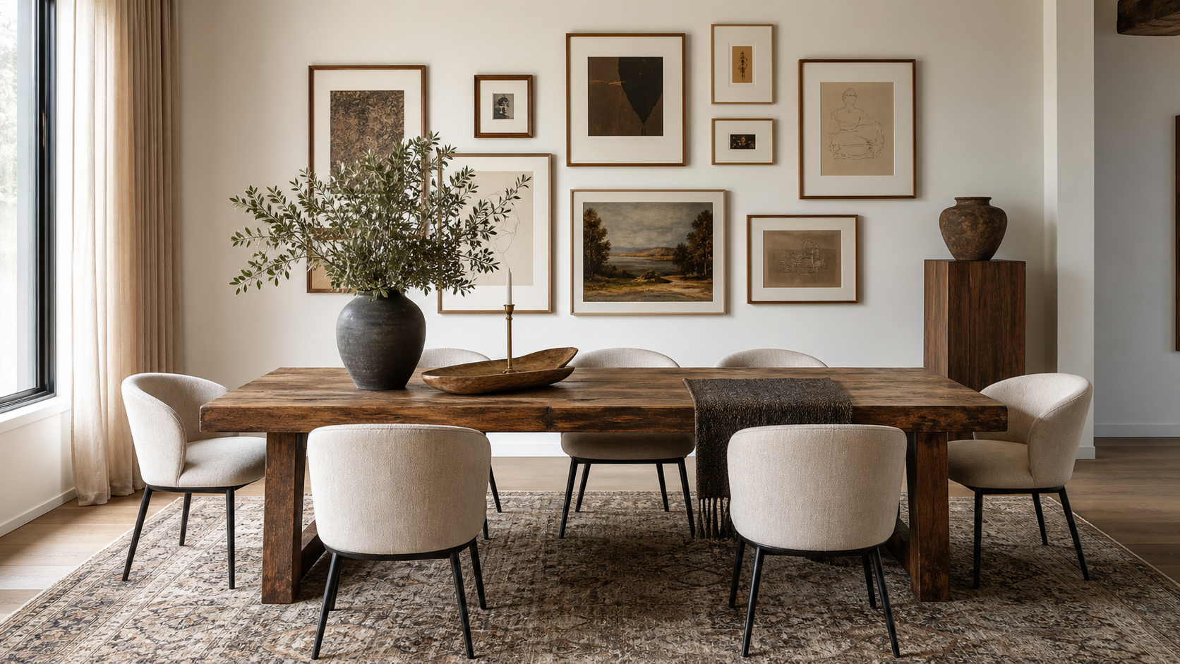 Midimalist dining room mixing a vintage table with contemporary chairs and a gallery wall
