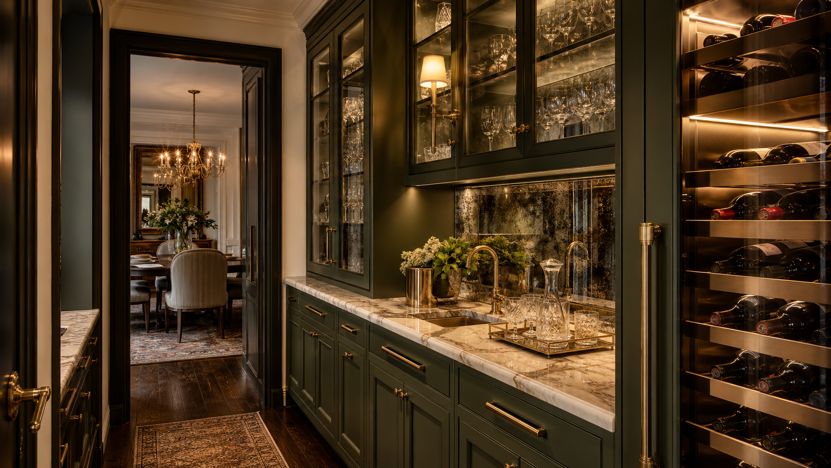 Butler's pantry with olive-green cabinetry, brass hardware and a lit wine column