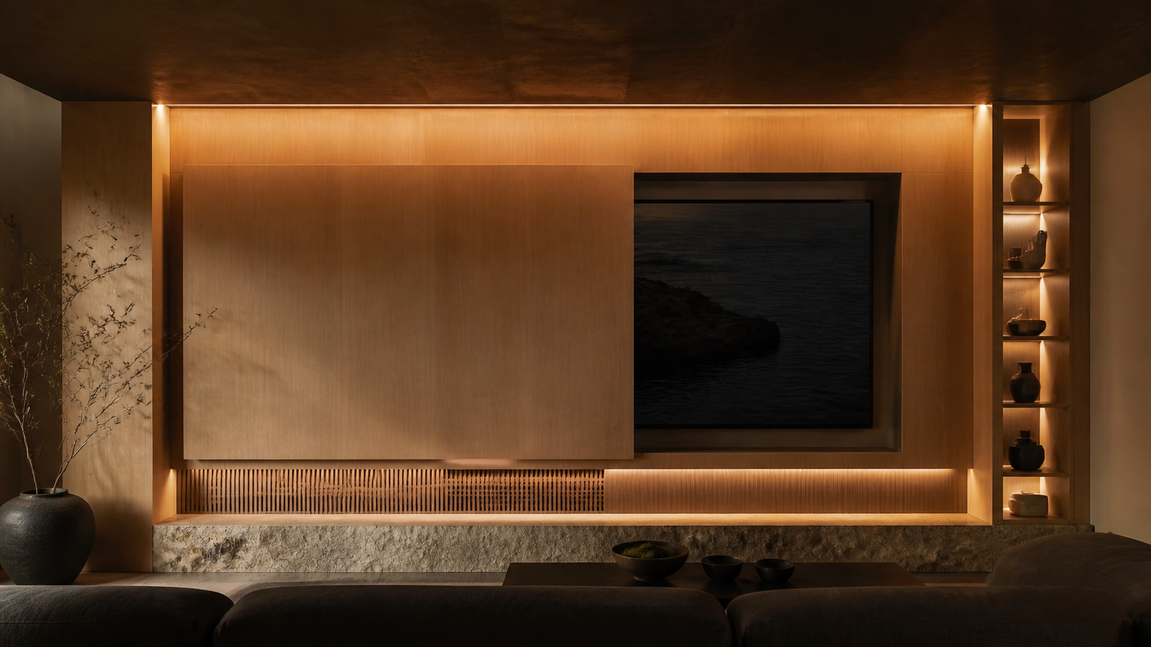 White oak millwork wall with a motorized panel concealing a hidden television