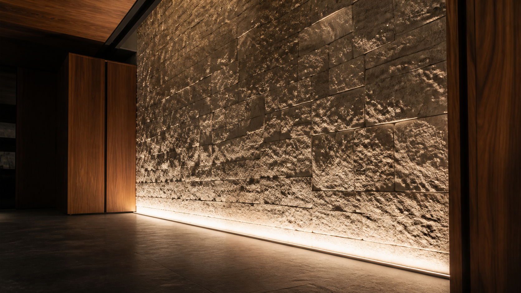 Concealed floor-level linear lighting grazing a rough limestone feature wall
