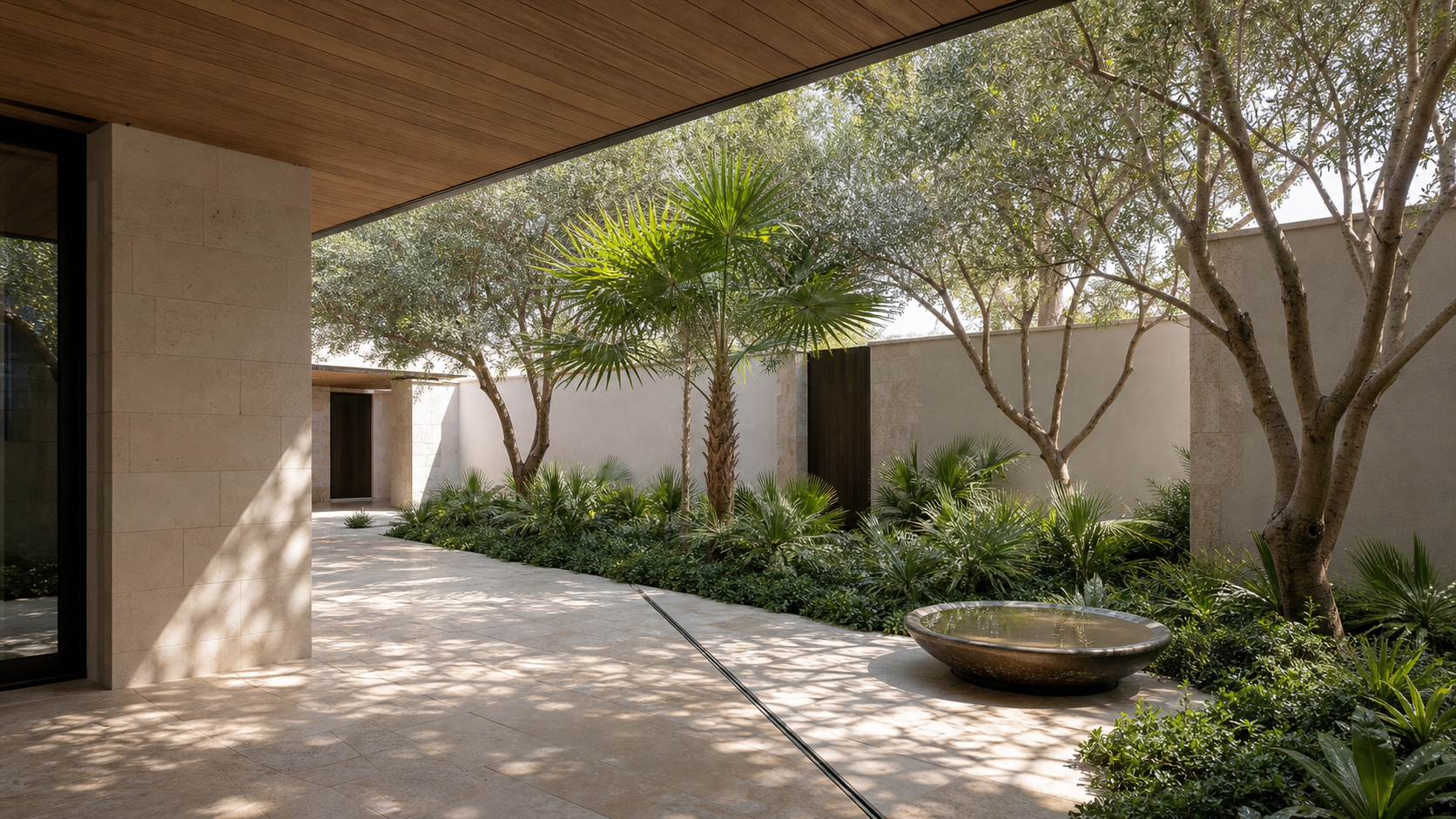 Shaded residential courtyard with limestone paving, deep overhang and a linear drain