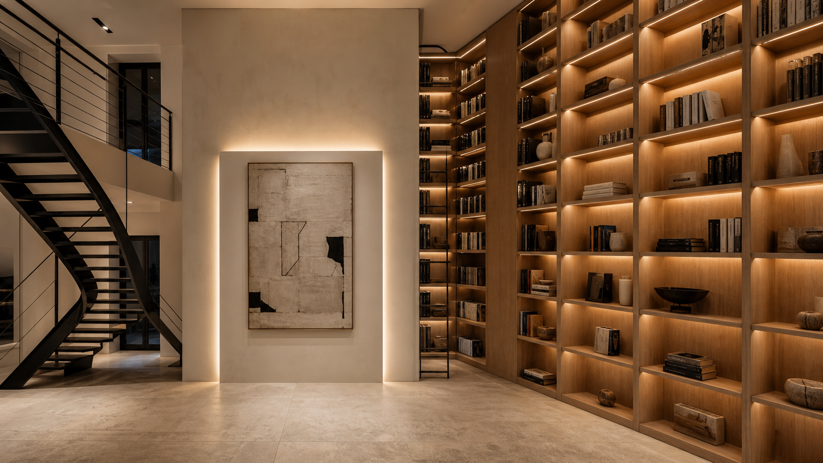 Double-height library and gallery wall with concealed shelf and slot lighting