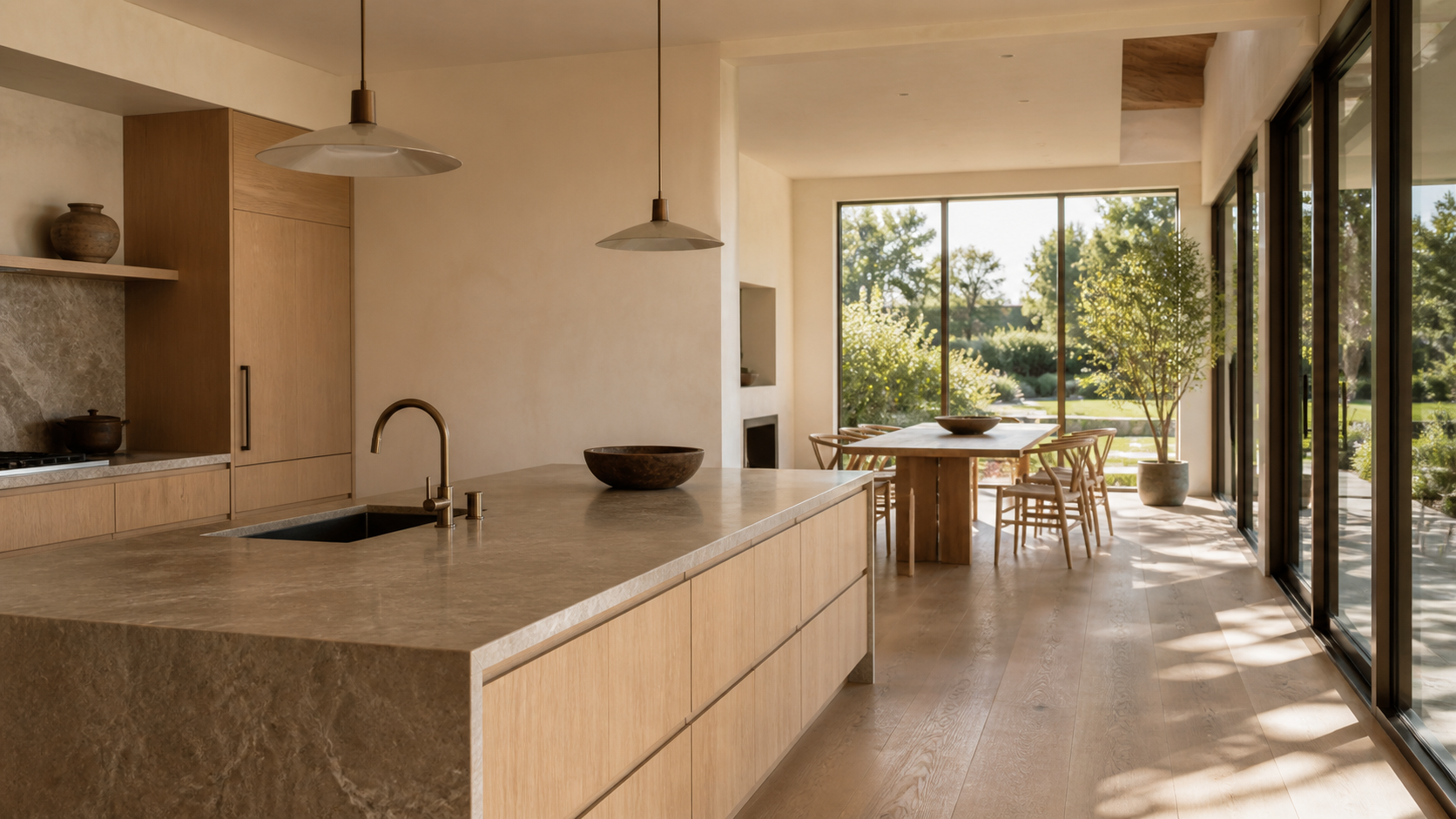 Open-plan kitchen filled with soft morning light from east-facing windows