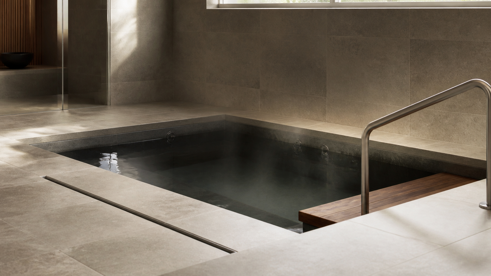 Recessed cold plunge tub set into a honed limestone deck