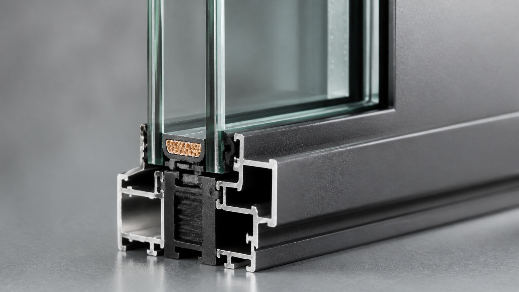 Close-up cross section of an insulated glass unit and thermally broken window frame