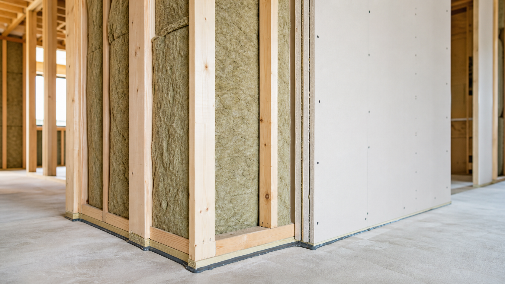 Double-stud interior wall with mineral wool insulation and sealed base plate under construction