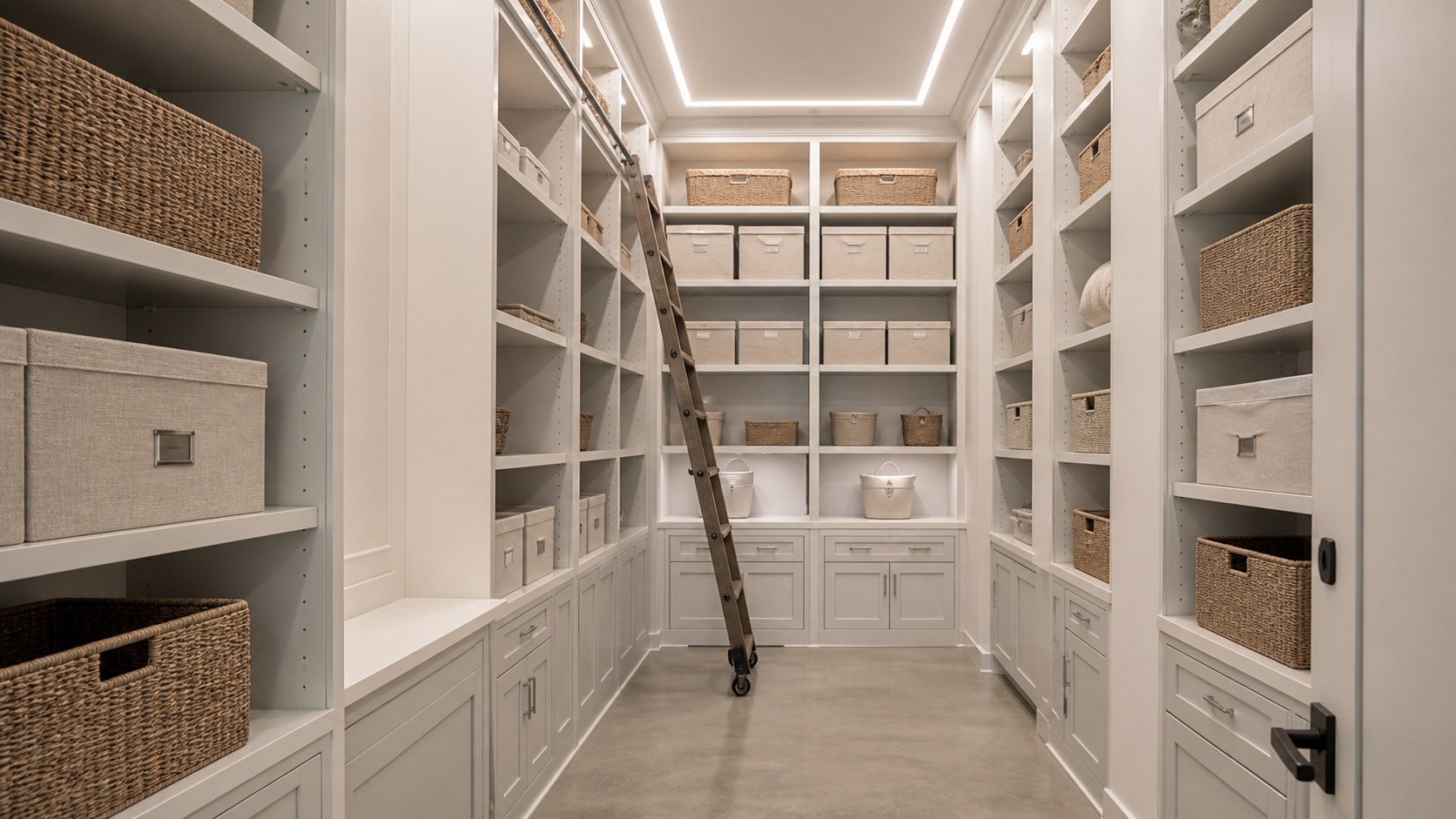 Conditioned seasonal storage room with floor-to-ceiling built-in shelving and a rolling ladder