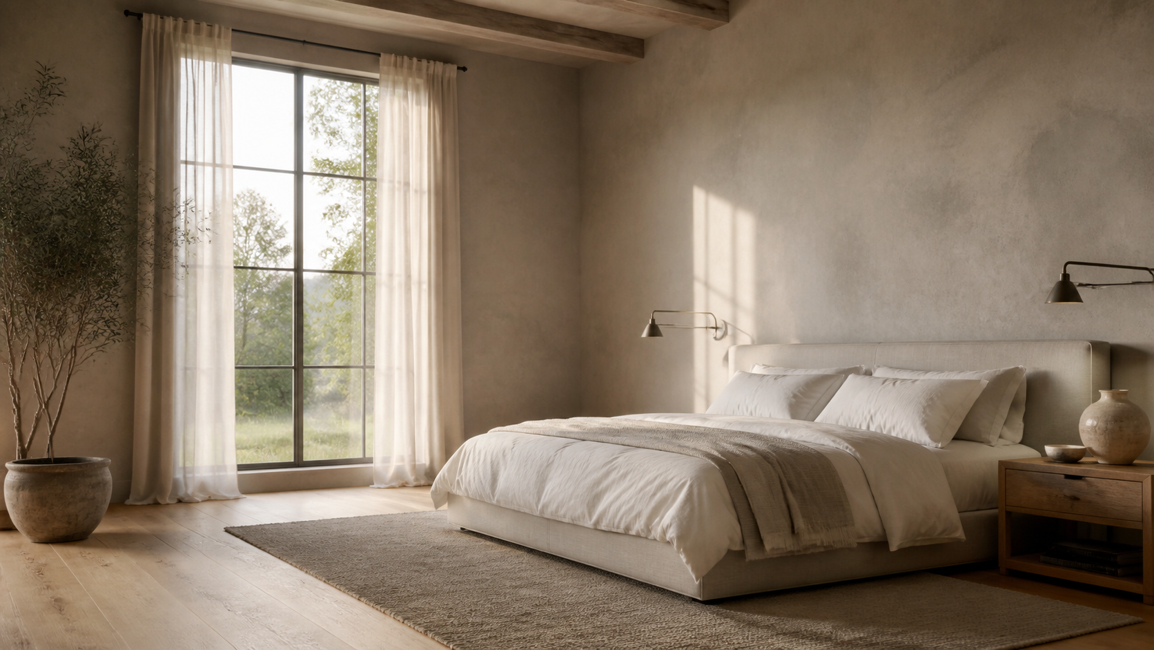 Bedroom with limewashed walls in warm greige and white oak flooring