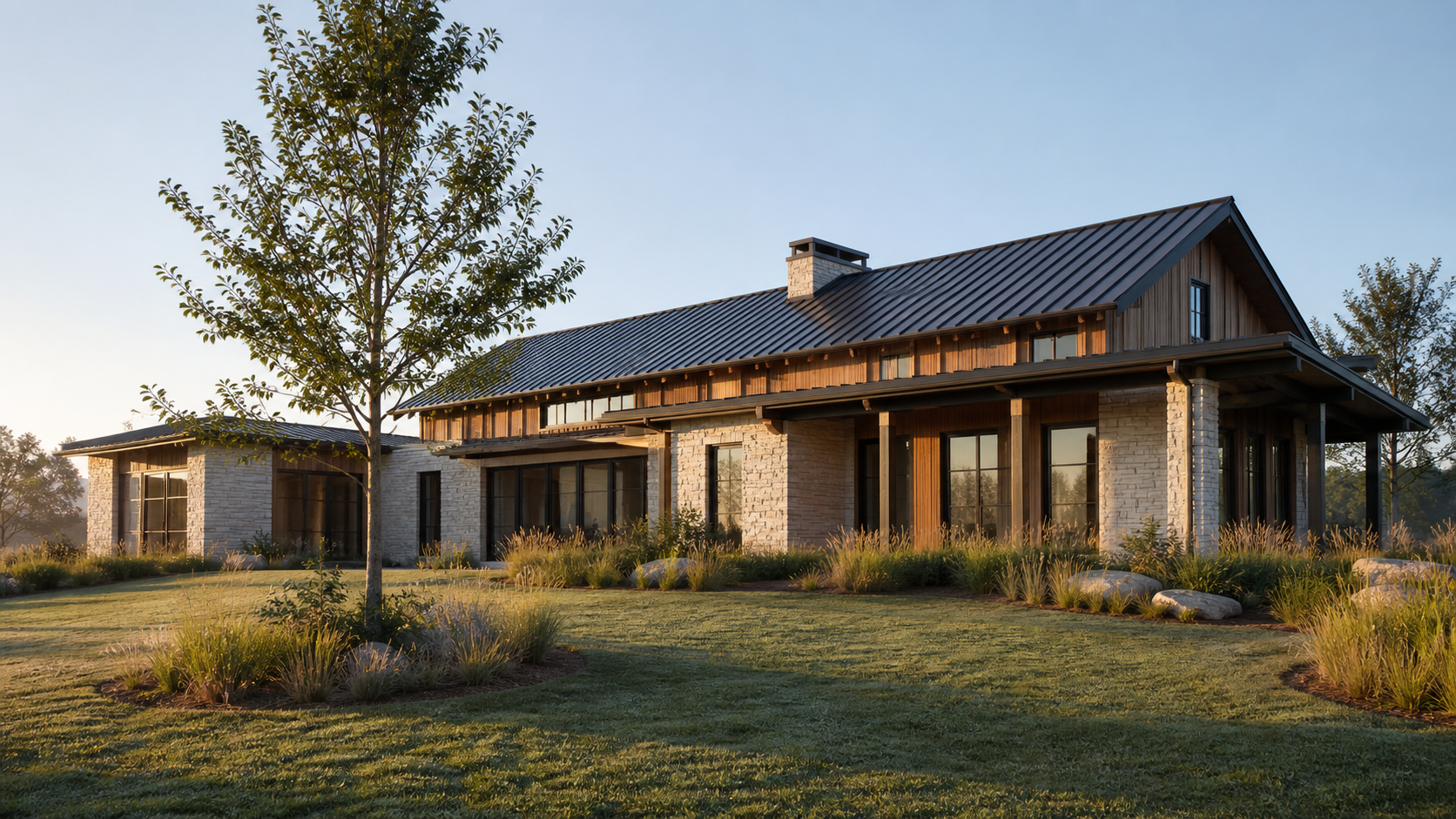 Modern custom home exterior in early morning light with limestone, cedar, and a low metal roof