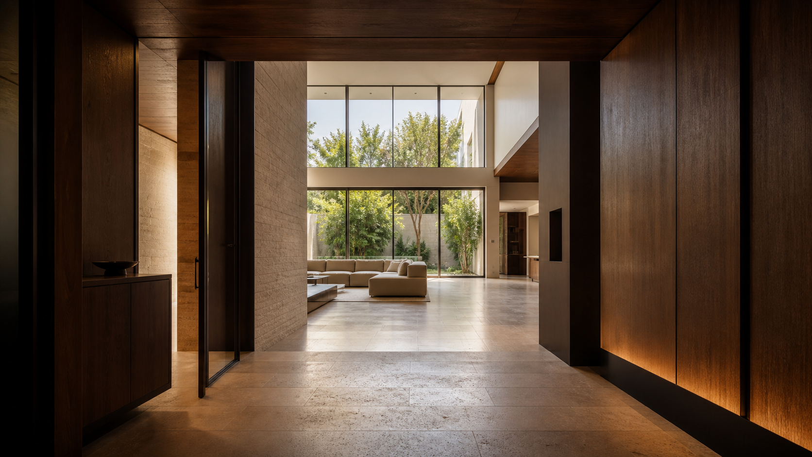 View from a dim entry vestibule into a bright double-height living space