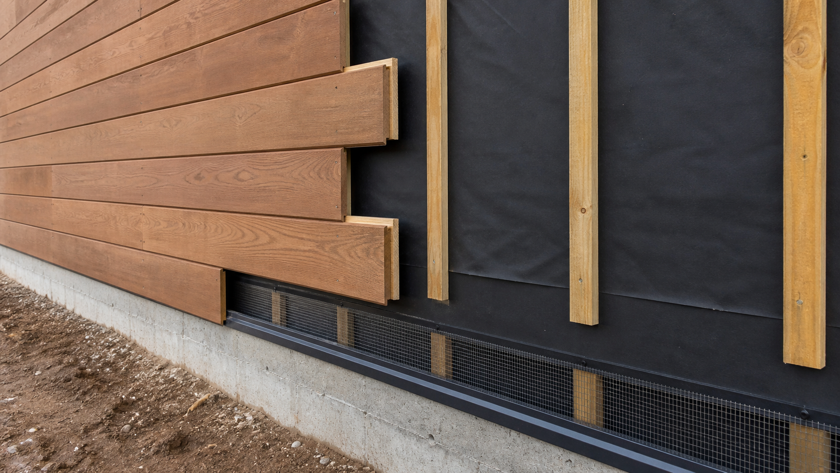 Ventilated rainscreen wall assembly with furring strips and drainage cavity behind wood cladding