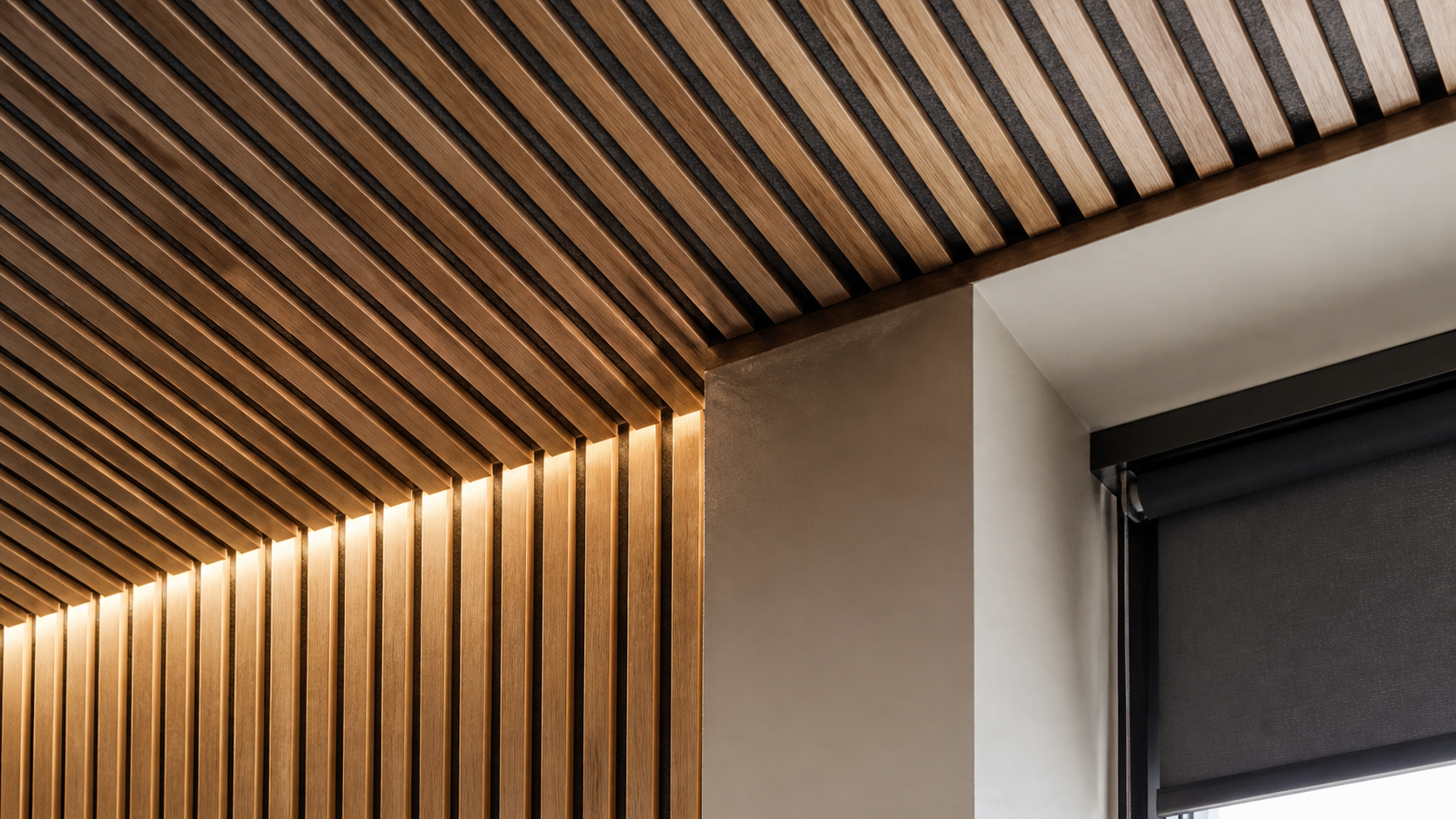 Slatted oak ceiling with felt-backed reveals and a concealed shade pocket