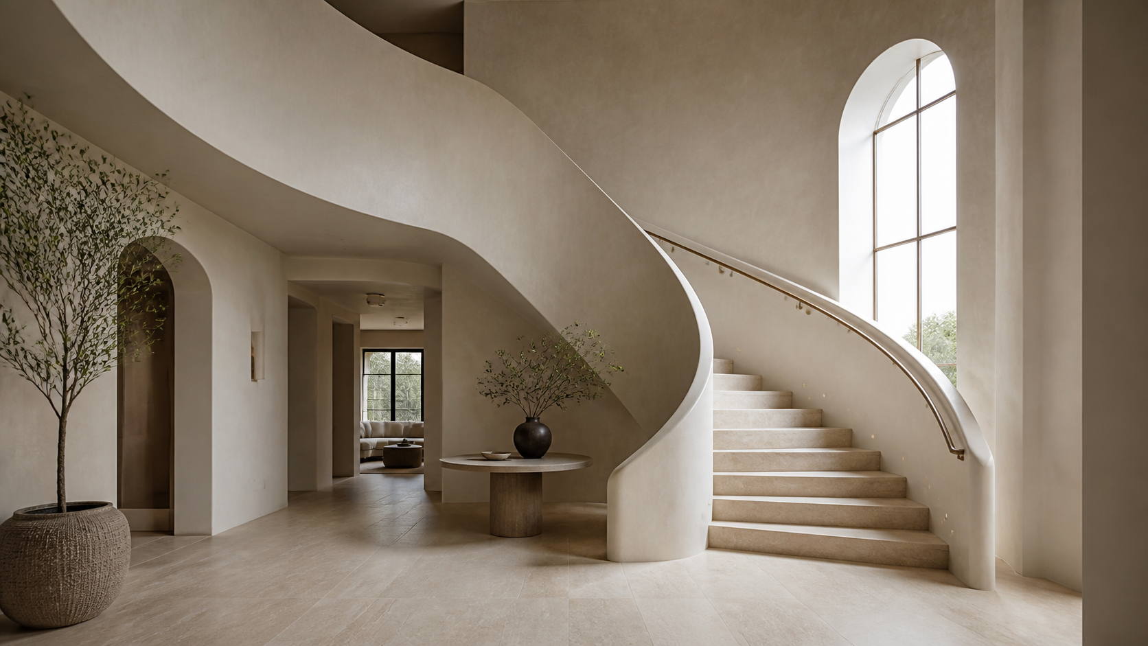 Curved plaster staircase with limestone treads in a double-height entry hall