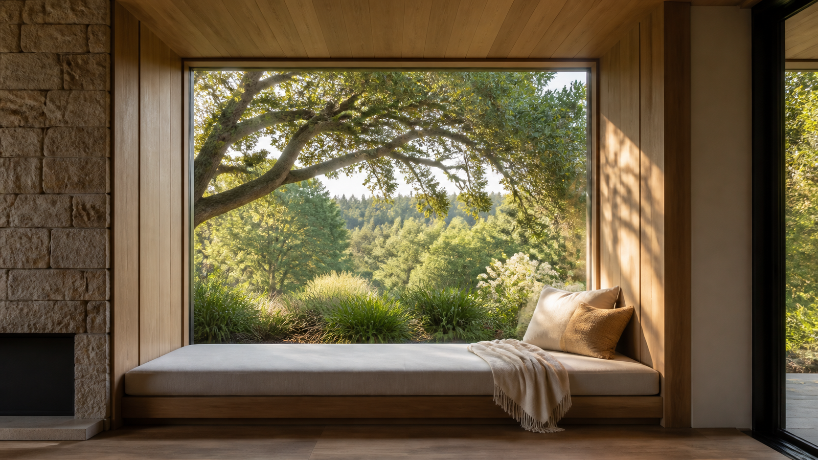 Built-in window seat alcove looking out to a layered garden