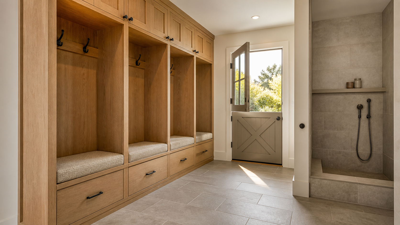 White oak mudroom lockers with bench, porcelain tile floor, and a tiled dog wash