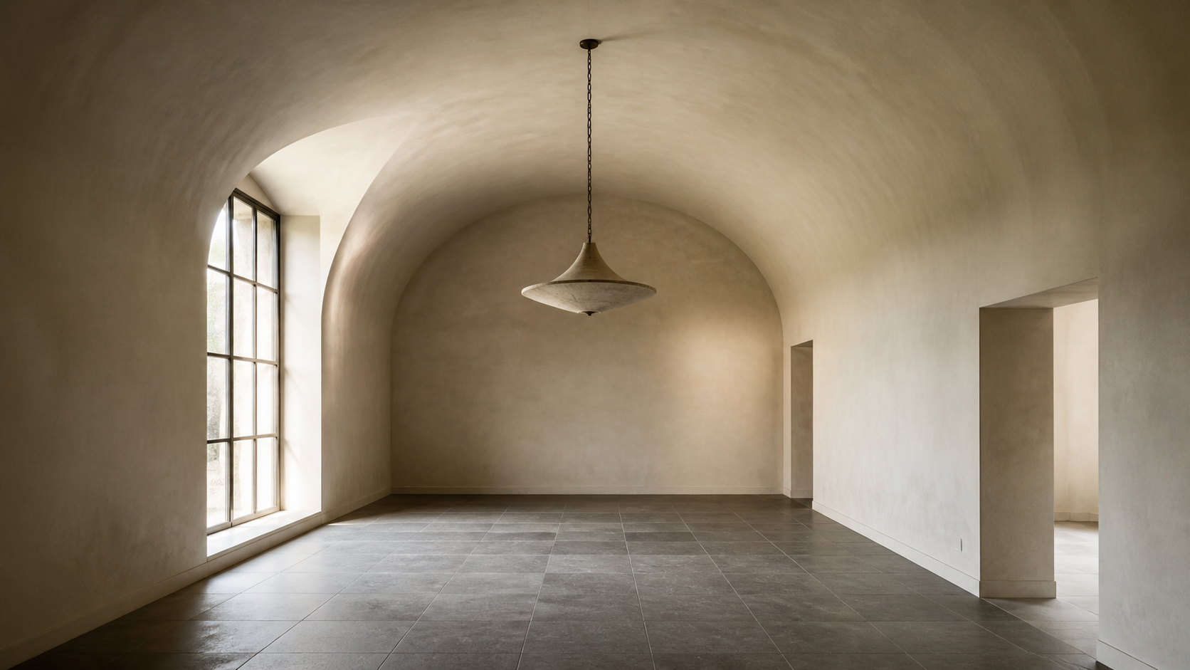 Barrel-vaulted ceiling in an empty dining space