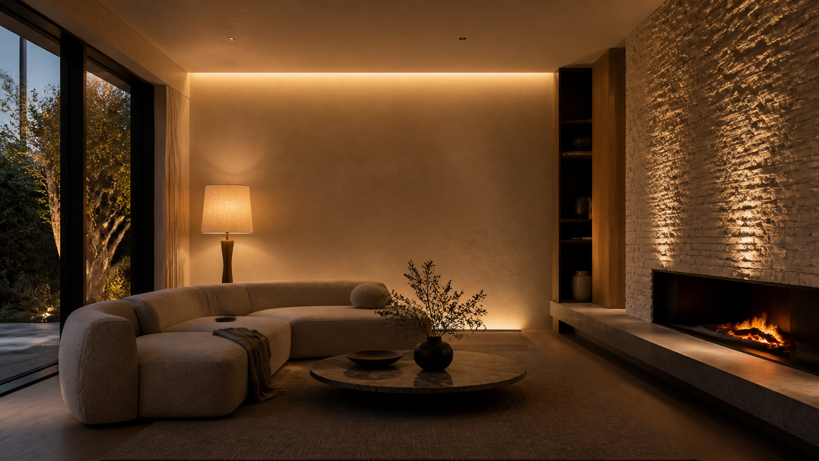 Living room lit by wall washing, cove light, and lamps rather than ceiling downlights