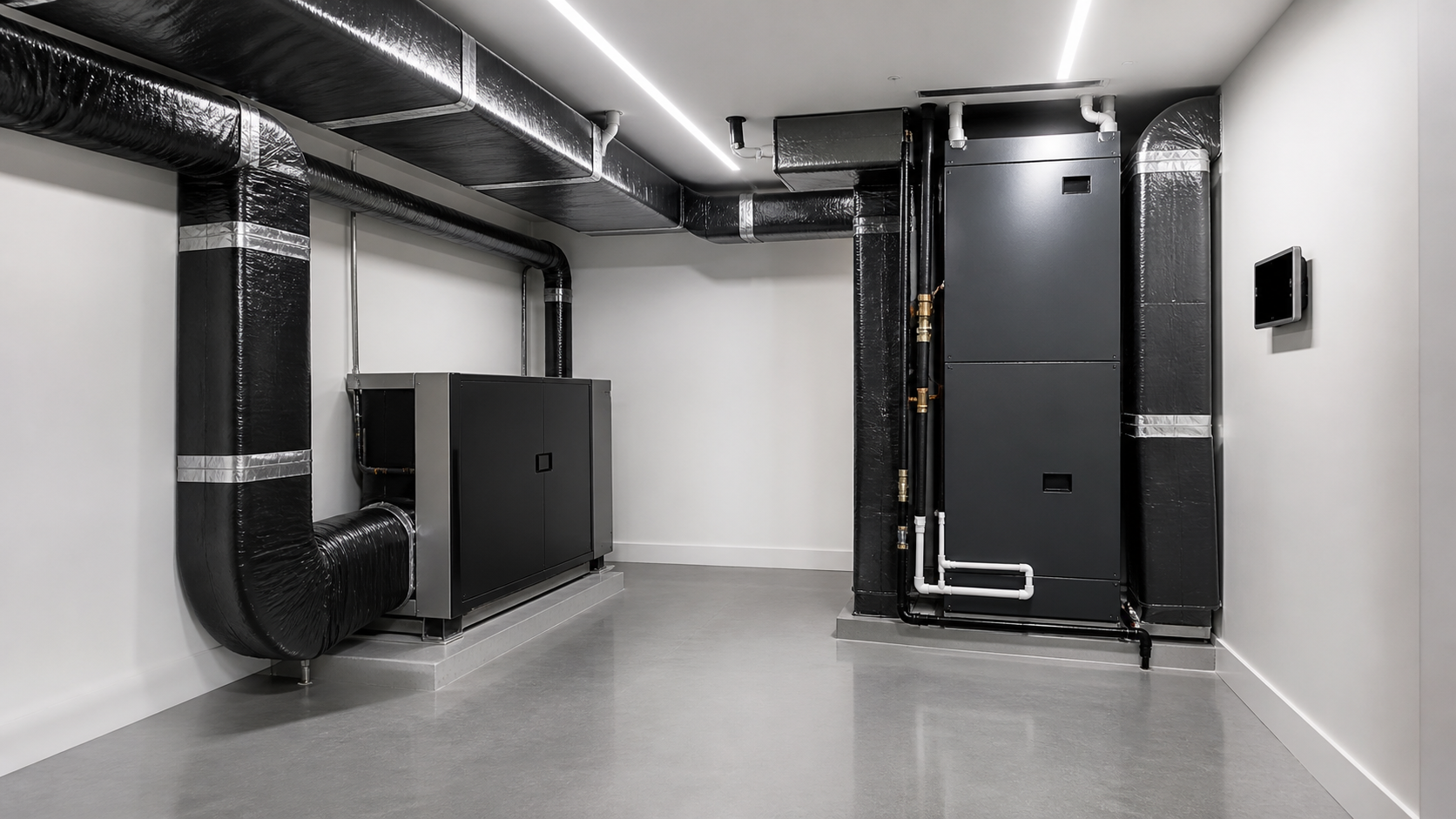 Conditioned mechanical room with whole-house dehumidifier and air handler
